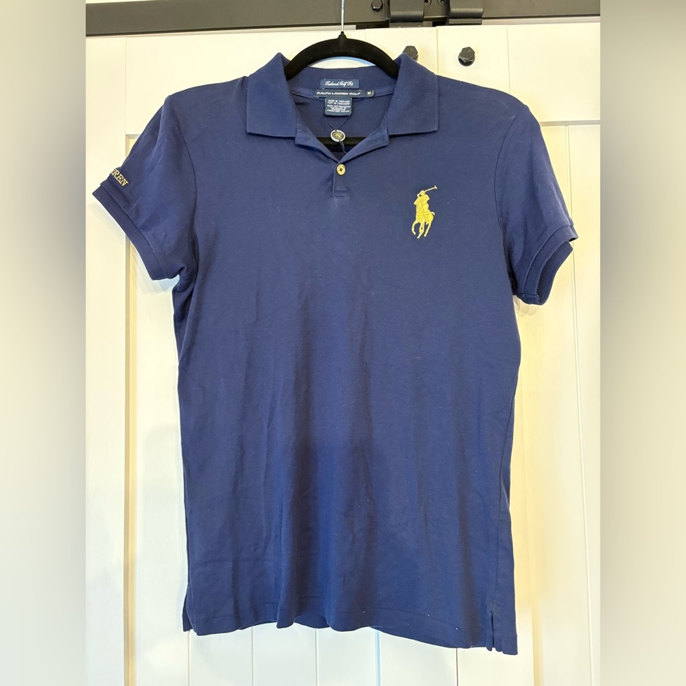Ralph Lauren Women’s Navy Polo Shirt Yellow Logo Polo Rider Sz Medium Like New!
